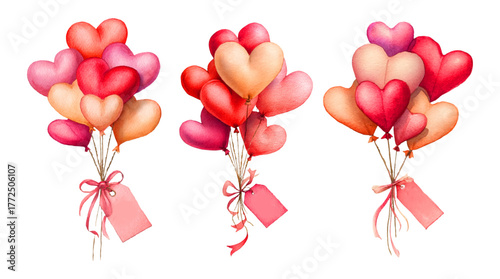 Watercolor set of balloons in the shape of hearts. Bouquet of pink and red balloons with a ribbon for congratulations. Romantic gifts with a postcard or message. Happy Valentine's Day.