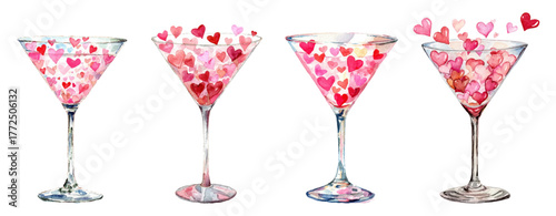 Watercolor set of martini glasses with hearts. Glass martini glasses filled with pink hearts. Romantic cocktails and drinks. Valentine's Day bar elements.