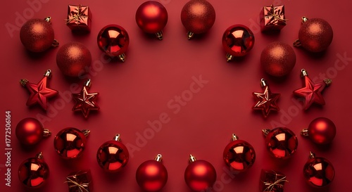 Vibrant red holiday decorations are arranged in a decorative border on a solid deep red background