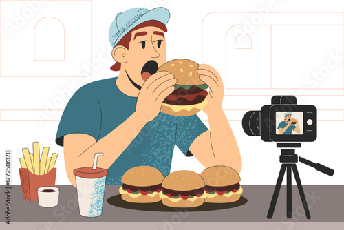 Mukbang blogger eating burgers in front of camera for food video and social channel