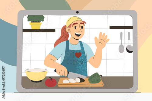 Cooking blogger woman recording recipe video for online channel and social media