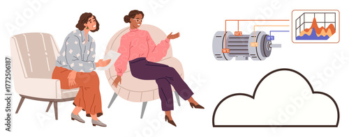 Two seated women talking, beside machinery graphics with data charts and a cloud outline. Ideal for collaboration, technology, innovation, industry, cloud storage, data sharing and teamwork. Simple