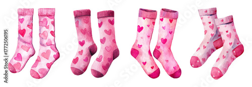 Watercolor set of pink socks with hearts. Cute pink girls' socks with heart print. Clothing elements. Socks for Valentine's Day, romantic clothing elements.