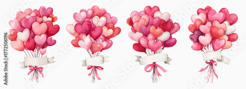 Watercolor set of heart-shaped balloons with a plate for inscriptions. Bouquet of pink and red heart balloons with a white plate for inscriptions and greetings. Valentine's Day elements.
