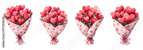 Watercolor set of bouquets with hearts. Romantic bouquets with hearts and greenery wrapped in paper. Holiday bouquets for Valentine's Day, March 8, Mother's Day, etc.