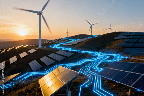 Modern power landscape combining wind turbines and solar panels on hills with glowing blue digital energy lines at sunset, symbolizing clean energy innovation and sustainability