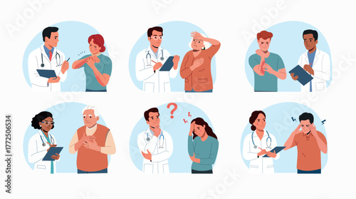 Set of illustrations showing a doctor talking to a patient to make a diagnosis.. Vector flat style cartoon illustration
