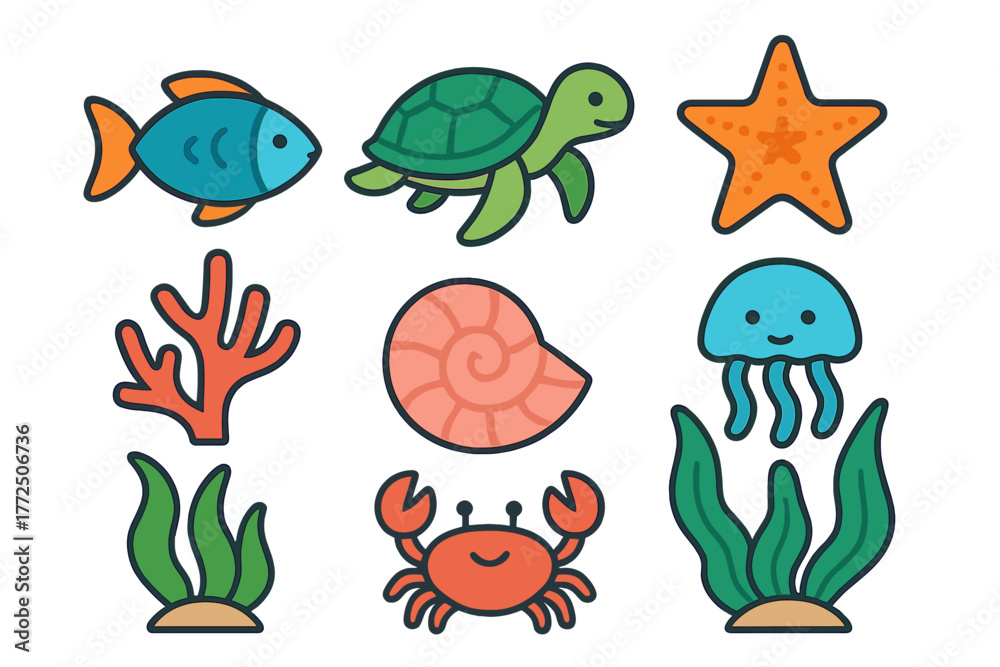Obraz premium Colorful ocean animals and marine life set including fish, turtle, crab, and coral reef