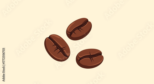 Three stylized brown coffee beans are arranged diagonally on a light beige background.