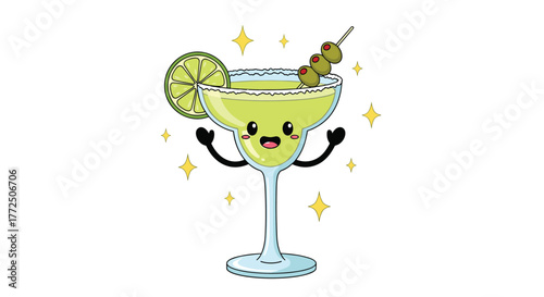 Kawaii margarita cocktail with olives and lime slice sparkling with joy.
