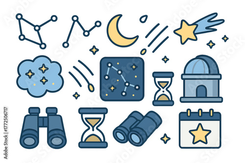 Astronomy and time symbols set featuring constellations, moon, binoculars, and observatory elements