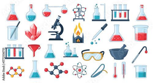 A collection of scientific laboratory equipment and molecular models on a white background.