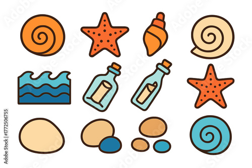 Stylized marine and coastal elements including starfish, seashells, waves, and bottled messages
