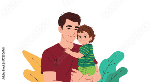 Father lovingly holds his young child, surrounded by abstract leaf shapes.