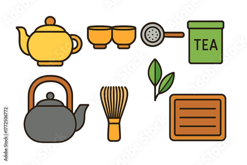 Colorful equipment and accessories used for brewing hot tea including teapots, cups, and strainers