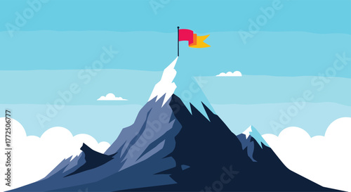 A vibrant cartoon illustration of a snowy mountain peak crowned with a red and yellow flag against a bright blue sky with scattered clouds.
