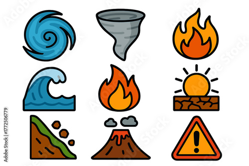 Set of natural disaster symbols showing extreme weather, geological hazards, and warning signs