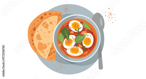 Top view of a bowl of spicy curry with boiled eggs and naan bread on a plate.