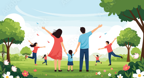 A diverse family enjoying a sunny day outdoors with open arms and smiling faces.