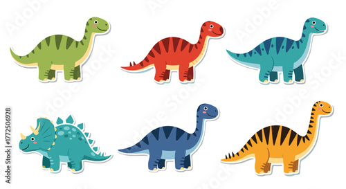 A collection of six cute cartoon dinosaurs in various colors and patterns arranged in two rows.