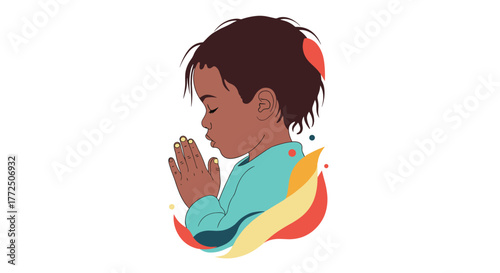 Illustration of a child with dark skin praying with eyes closed and hands clasped.