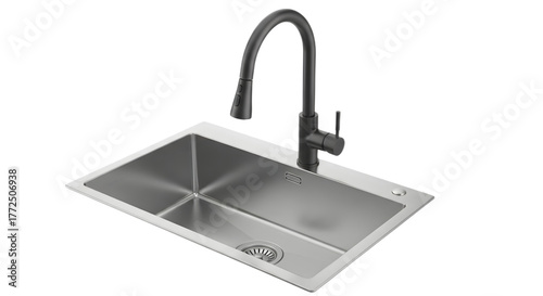 Stainless steel kitchen sink with black faucet isolated on transparent background