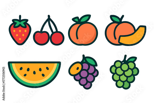 Vibrant set of fresh summer fruits and berries including strawberry cherry peach grapes and melon