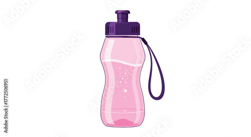 Pink plastic water bottle with a purple lid and strap filled with clear liquid.