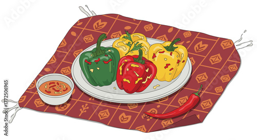 Illustration of stuffed bell peppers with a side of dipping sauce and a chili pepper.