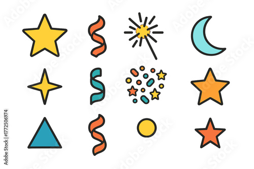 Colorful collection of celebration icons featuring stars streamers confetti and a bright sparkler