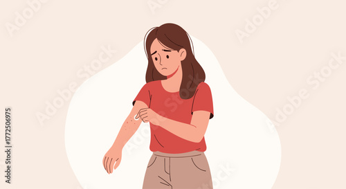 Sad young woman applying cream to itchy rash on her arm.