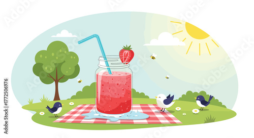 Summer picnic with strawberry smoothie, birds, and bees in a sunny meadow.