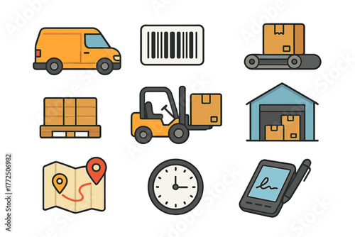 Logistics and delivery service symbols including transport van warehouse forklift map and barcode