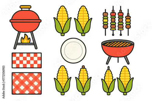 Barbecue and picnic food items including charcoal grills, corn on the cob, meat skewers, and checkered blankets