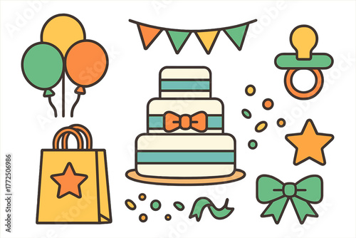 Colorful celebration and baby shower party elements including cake balloons pacifier and gift bag