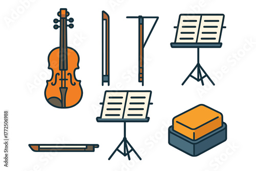Violin instrument, bow, music stands, sheet music, and rosin block set for classical performance