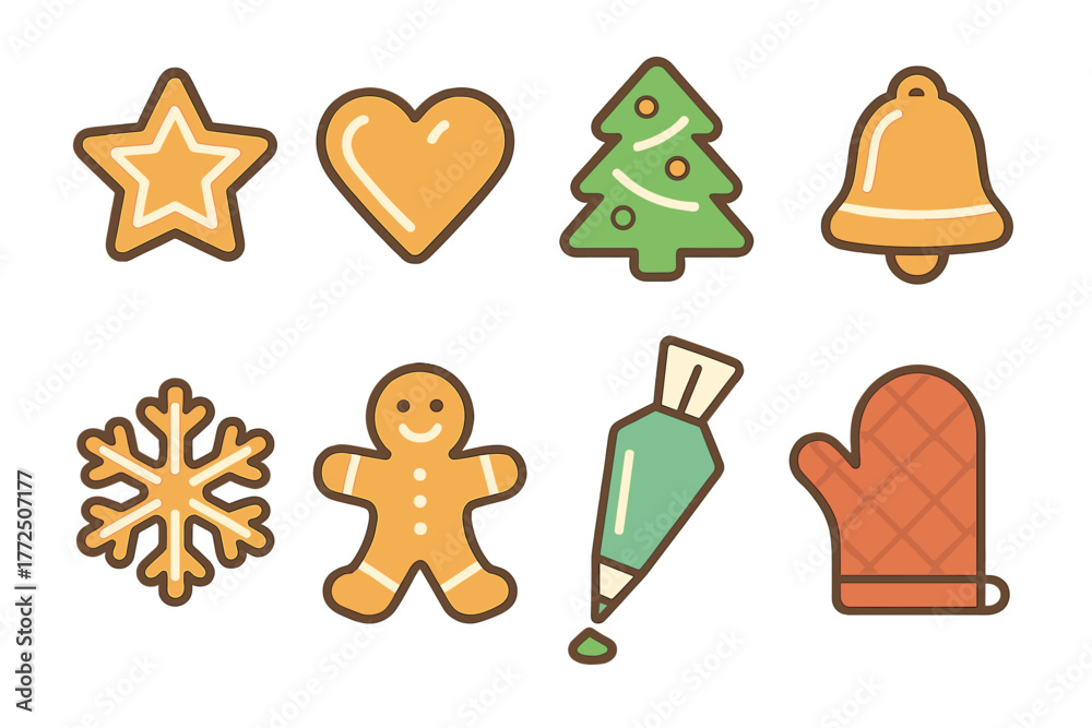 Naklejka premium Set of decorated Christmas cookies including gingerbread man, snowflake, bell, and baking tools