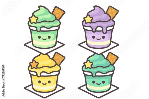 Four colorful kawaii soft serve ice cream cups with happy faces and wafer toppings