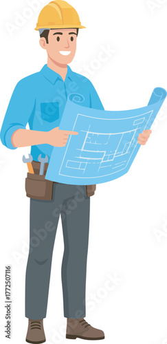 Cartoon construction worker in hardhat examining a blueprint.