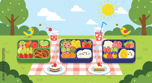 Illustration of a sunny picnic with three bento boxes and cakes on a checkered blanket.