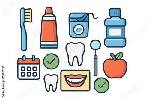 Dentistry tools and oral health routine symbols for healthy habits