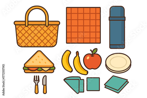 Picnic basket food and accessories set with sandwich fruit and thermos