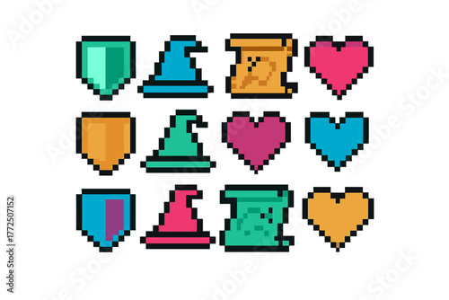 Colorful pixel art style fantasy game icons set featuring shields wizard hats scrolls and hearts