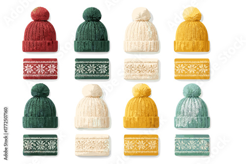 Ribbed knit winter hats in red green yellow and cream with decorative snowflake pattern swatches