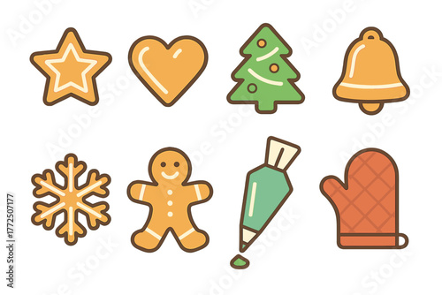 Set of decorated Christmas cookies including gingerbread man, snowflake, bell, and baking tools
