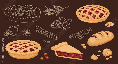 A collection of baked goods, fruits, and spices on a dark brown background.