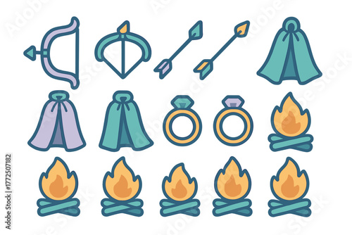 Fantasy RPG equipment set featuring bows, arrows, cloaks, rings, and campfires