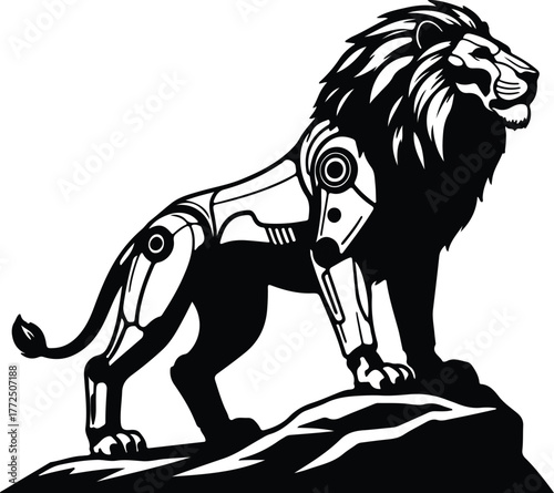 Silhouette Robotic lion standing on a rock vector illustration