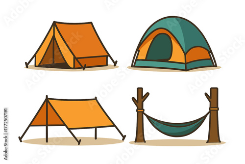 Essential camping gear assortment featuring various tent styles and a comfortable outdoor hammock