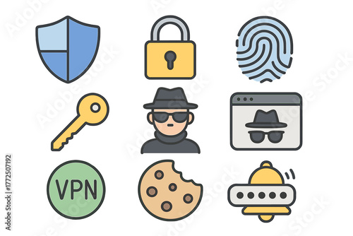 Cybersecurity and internet privacy symbols including shield, padlock, key, hacker, fingerprint, and VPN sign